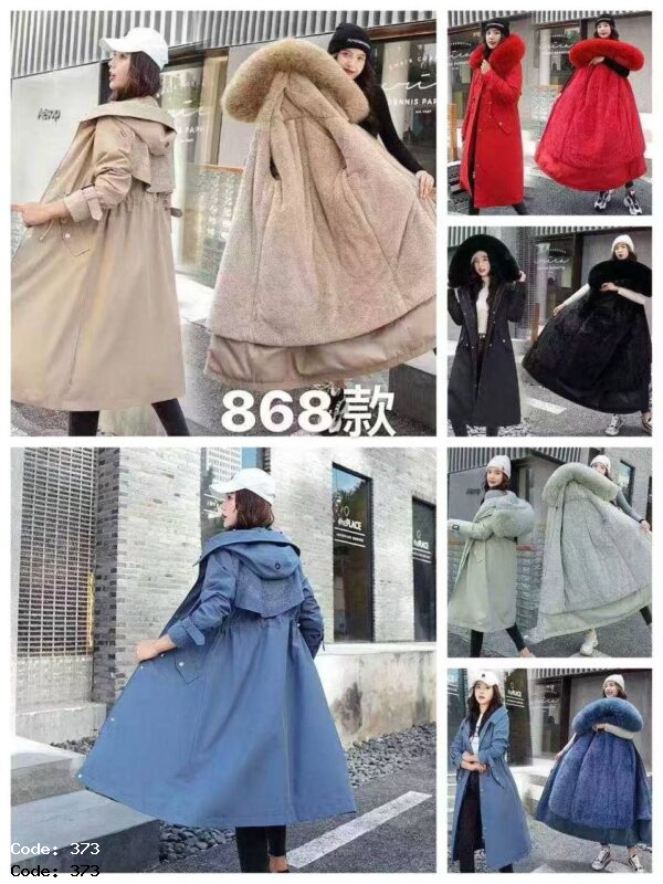 کاپشن زنانه اورجینال مدل 373 در رنگ‌های کرم، قرمز، مشکی، آبی و طوسی با سایزهای L تا XXXXL، مناسب فصل‌های سرد و فروش عمده.